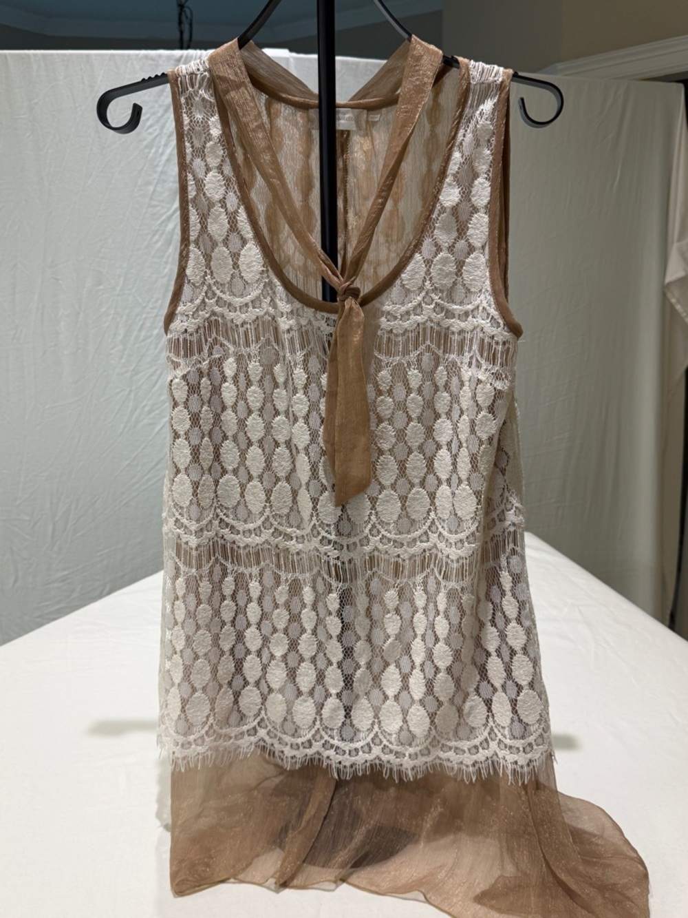 Altar'd State Cream Lace Overlay Tank with Tan Sheer Neck Tie